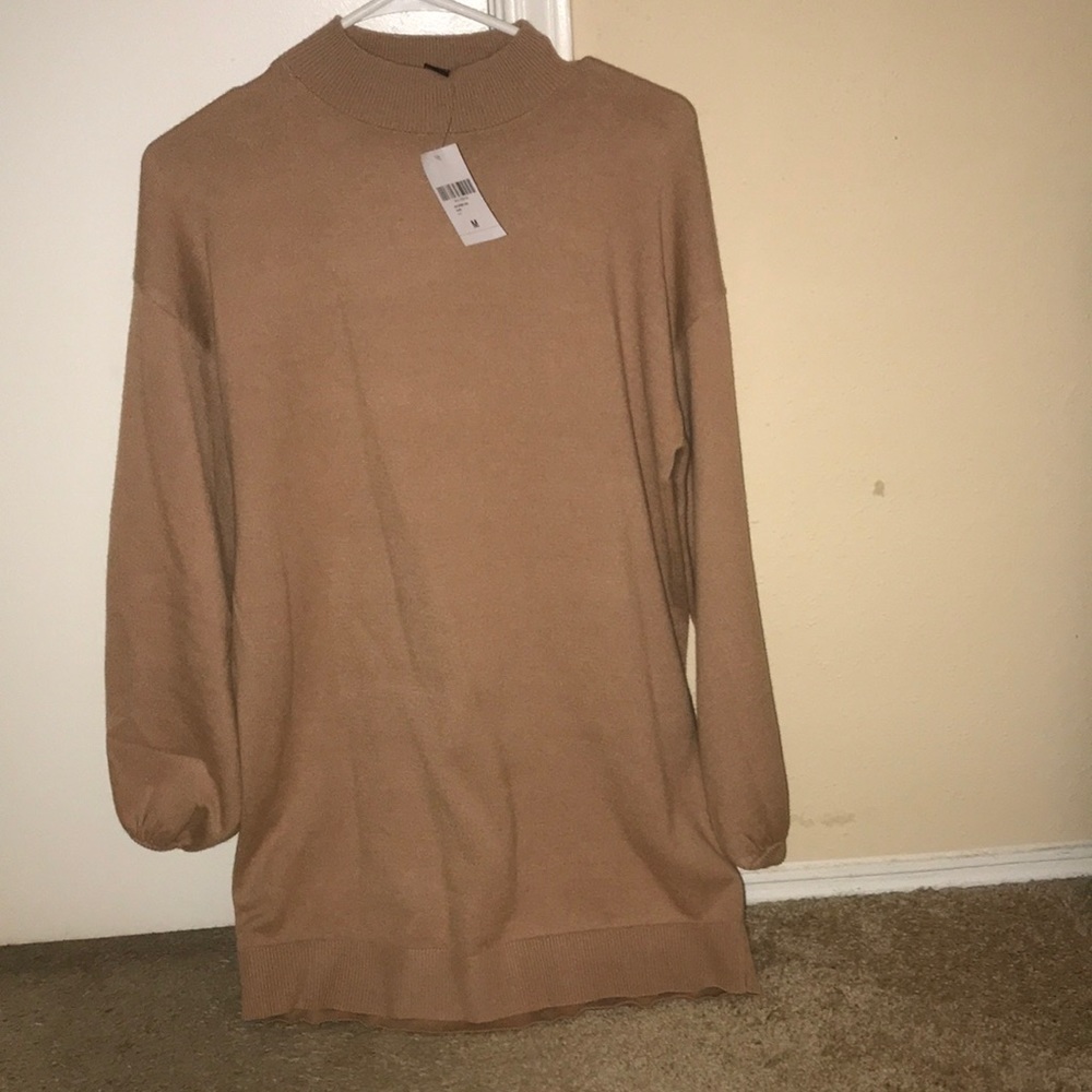 Mock neck puff sleeve sweater dress